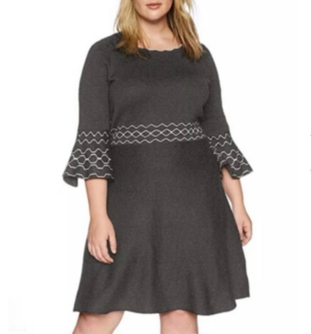 Charcoal Gray Scalloped Trim Neckline Bell Sleeve Sweater Dress Size 2X